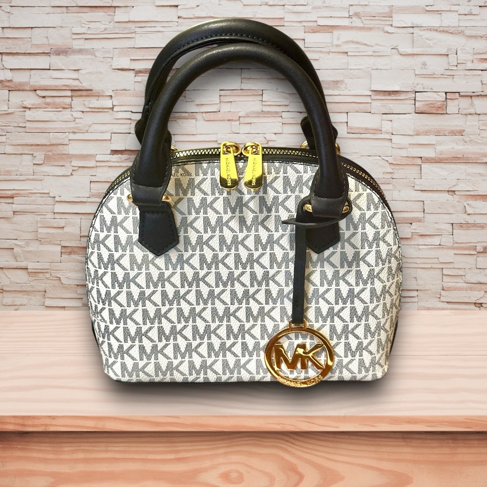 Michael Kors Black and White Mini Satchel with Signature MK Pattern NWOT